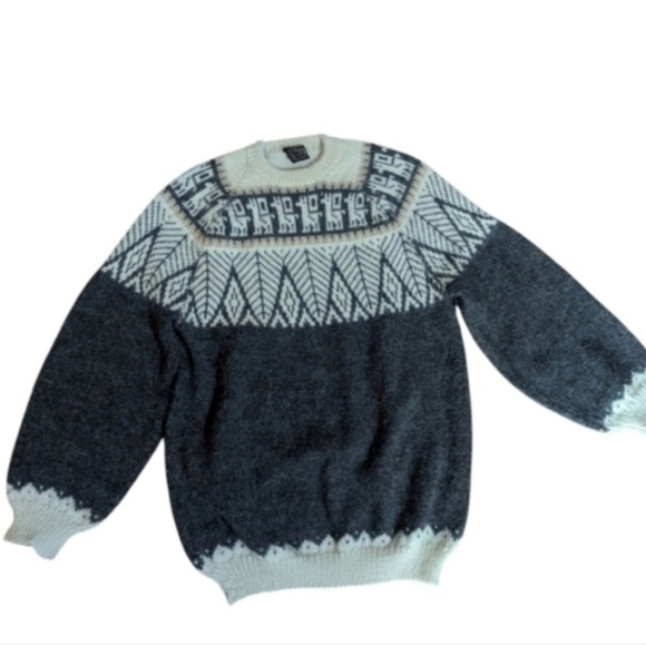 Peruvian Made 100% Alpaca Gray/Cream Fairisle Soft Chunky Winter Sweater Sz L - Picture 7 of 8